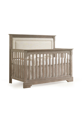 Ithaca “5-in-1” Convertible Crib with Blind-Tufted Linen Weave Upholstered Headboard Panel