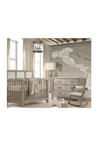 Rustico “5-in-1” Convertible Crib w/Linen Weave Upholstered Headboard Panel